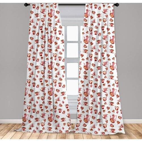 Tea Party Curtains Tea Cups Teapot Hearts Doodle Style Vibrant Coffee Invitation Design Window Curtains for Living Room Bedroom