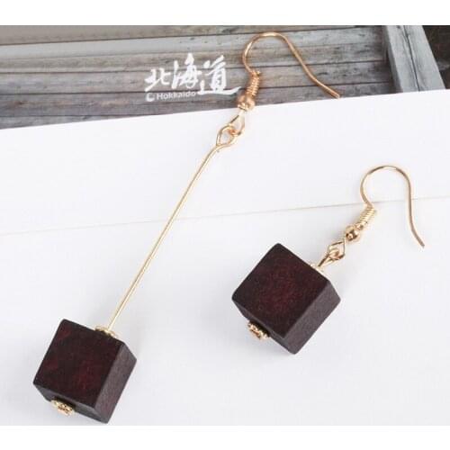 Wooden Light Yellow Brown Cubic Loop Pendant Long Short Asymmetrical Golden Stud Earrings for Women