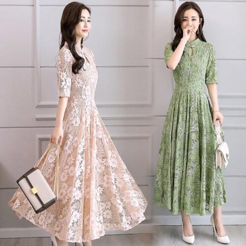 Elegant Temperament Improved Cheongsam Dress Slimming Lace Five-point Sleeve Vestidos Big Swing Long Dress 2020 Summer New A818