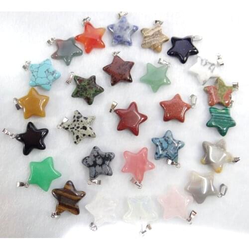 Natural Stone tiger eye Turquoises Quartz crystal lapis Moon Charms Pentagram Pendant for diy Jewelry Making necklace50PCS