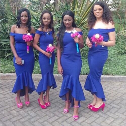 Lamiabridal Tea Length Mermaid Bridesmaid Dresses African Royal Blue Satin Wedding Guest Gowns Ruffle Skirt Formal Dresses