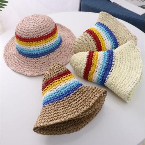 Summer Childrens Hat Large Brim Handmade Straw Hat Colorful Stripe kids Sun Hat For 2-5Y