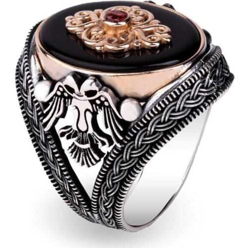 Men Silver Ring With Black Agate Stone And Animal Eagle Motif, Made In Turkey, Solid 925 Sterling Silver