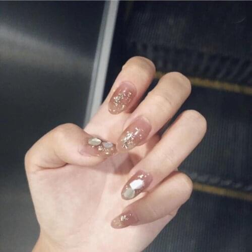 Champagne pure color with shell 3d decorated false nails french 24pcs with glue cute lady full nail tips Bride fake nails