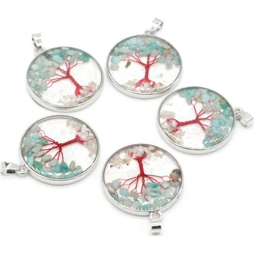Amazonite Natural Stone Round Transparent Tree of Life Pendant for Jewelry Making DIY Accessories Fit Necklace Earrings 33x33mm