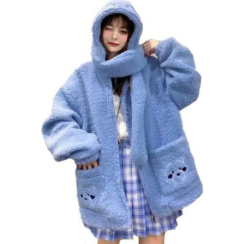 Preppy JK Style Autumn Winter Girl Fleece Sweatshirt Sweet Scarf Hooded Zip-up Hoodies Kawaii Bear Embroidery Big Pocket Outwear