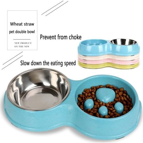 Pet Bowl Stainless Steel Wheat Straw Base Can Be Non-slip, Suitable for Puppies and Other Pets