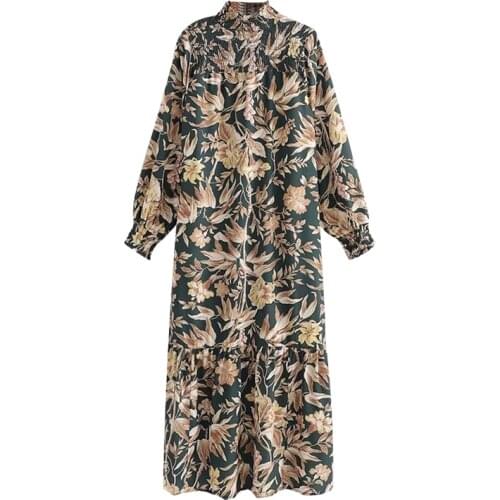 Casual Loose Long Turtleneck Dress Women Vintage Floral Print Dress Female Elegant Long Sleeve Dresses Vestidos Mujer