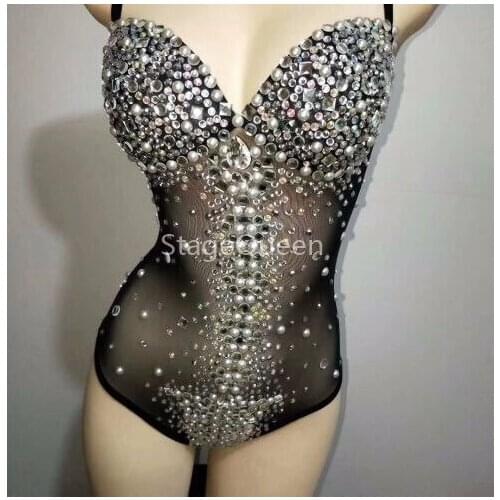Sexy Elastic Fringe Leotard Spandex One Piece Rhinestones Costume Stage Performance Dance Wear Singer Pole dancing Bodysuit New