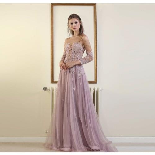 Lilac Evening Dresses A-line 3/4 Sleeves Tulle Appliques Lace Beaded Islamic Dubai Kaftan Saudi Arabic Long Evening Gown