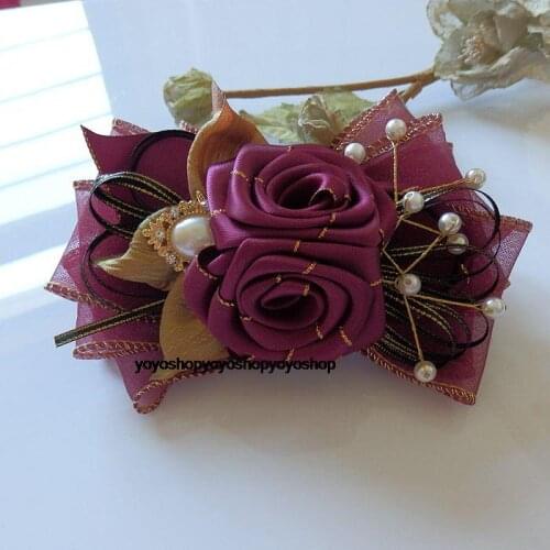 DARK purple rose handmade yarn pearl bow hair clip Classical flower Hair accessories F116