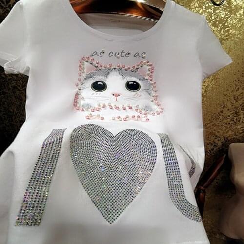 Heavy industry shiny rhinestone love t-shirt women summer cat beaded pearl parent-child cotton top tees