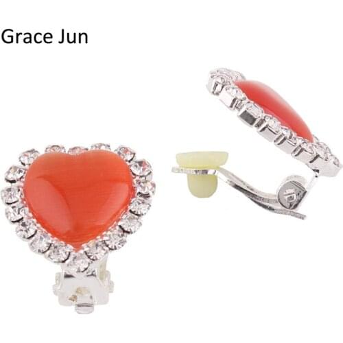 Grace Jun New Design heart Shape Rhinestone Clip on Earrings no pierced for Women Party Elegant Simulated Pearl Ear Clip