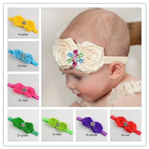 10pcs/lot kids Double Satin Rose Flowers Headband Rhinestone Buttons In Center girl Accessories For Hair FDA85