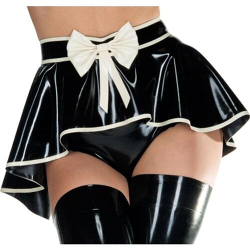 Black And White Trims Sexy Latex Skirts With Irregular Shape Bows Trims Rubber Bottoms Uniform DQ-0058