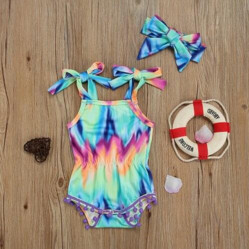 Newborn Baby Girl Camisole Romper + Bow Headband, Tie-dye Print Bright Colors Fur Ball Tassel Decoration Summer Clothing