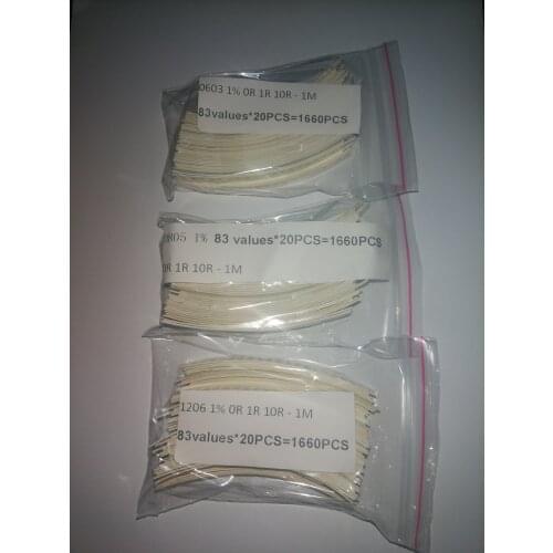 0402 0603 0805 1206 SMD Resistor Kit 5% 1% 0 Ohm 1OHM 10ohm to 1M ohm 83 values*20pcs=1660pcs 0R 1R 10R - 1M