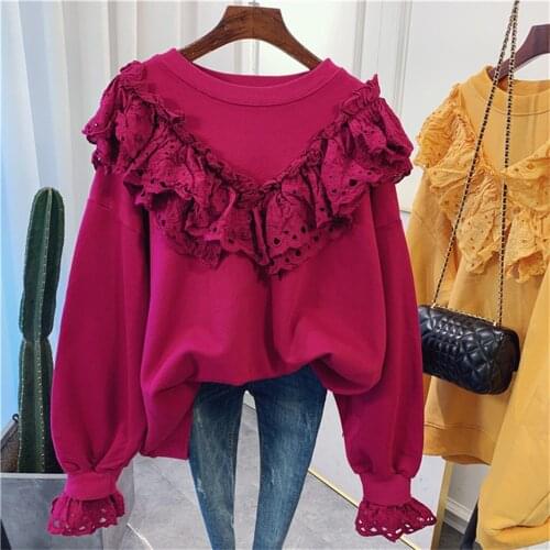 Korean Solid color O Neck Long Sleeve Short Hoodies Elegant Ruffles Lace Sweatshirt Autumn Spring New Pullovers Loose Casual Top