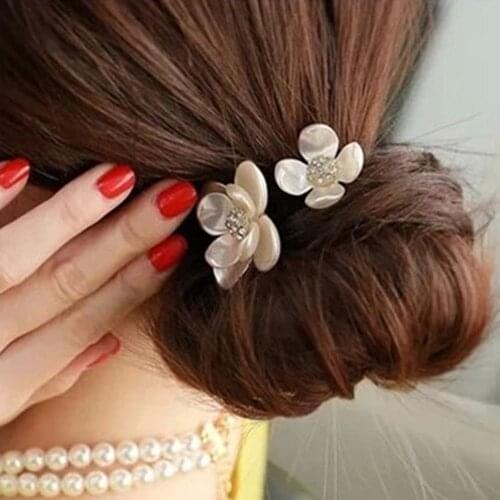 Fashion Women Girls Hairband Rhinestone Pearl Double Flower Hair Rope Hair Accessories Ponytail Holder Hairwear For Hot Sale