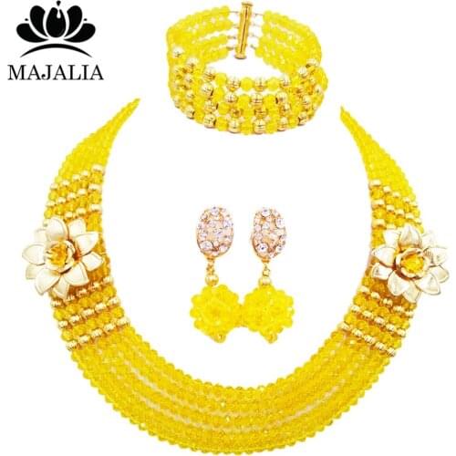 Fashion Apparel Accessories Ladies Yellow Crystal Necklace Nigeria Wedding Beads African Bride Wedding Jewelry Set SJ-53