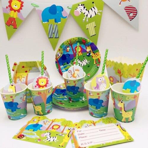 12 kids Colorful Lovely Jungle animal Theme Tableware Set Birthday Party Decoration For Kids Boys Girls Birthday Party Favor