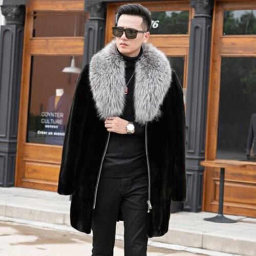 Mink coat male American mink velvet slim length oversize silver fox fur collar imported whole mink fur coat men fur jacket
