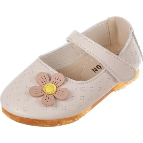 2021 Autumn New Girls Leather Shoes Soft-soled Non-slip Toddler Princess Shoes Sweet Flower Baby Flats Shoes Rubber Light Shoes