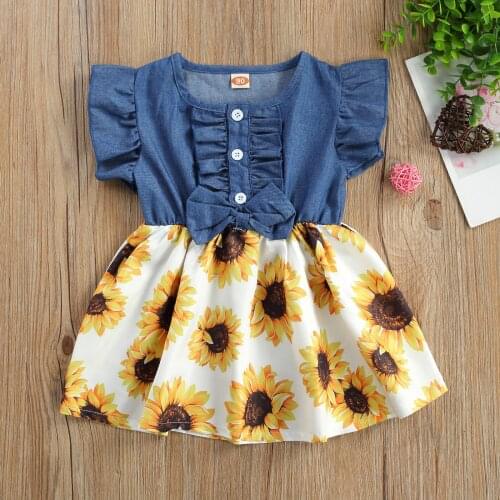 Newborn Baby Girl Clothes Summer Dress, Elegant Ruffle Sleeve Button Front Denim Tops Floral Print Tutu Dress