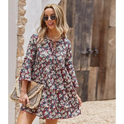 Holiday Dresses V-neck A-line Floral Print Women Dress Autumn Elegant Lace-up Ruffles Casual Dress Female Vestidos Retro Dress
