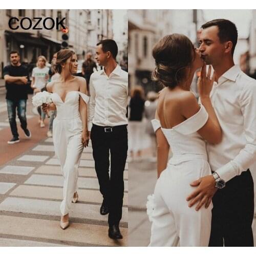Off Shoulder Boho Wedding Jumpsuit 2021 Summer Holiday Beach Stain Countryside Bride Dress with Pant Suit robe de mariee