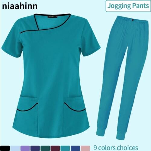 Lab Dustproof Workwear Short-sleeved Scrubs Uniform V-neck Pet Grooming Nursing Clothes Unisex Solid Color Uniforms (tops+pants)