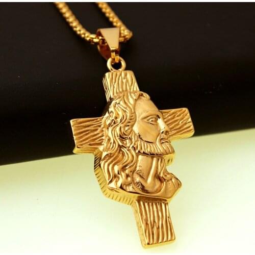 High Quality Punk Stainless Steel Gold Vintage Religious Jesus Cross Pendant Necklace Mens Womens Biker Jewelry Box Link Chain