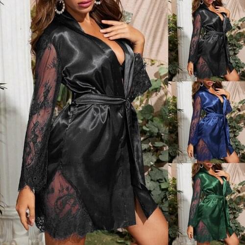 Women Silk Satin Lace Pajamas Nightgown Lingerie Bathrobe With Belt Sleepwear Sexy Female Summer Lingerie Robes Underwear A50