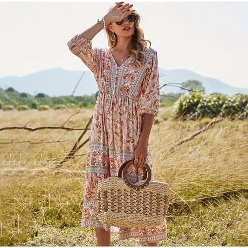DUISNENA boho dress v-neck elastic high waist women dresses lantern sleeves floral prints pastoral robe vestidos
