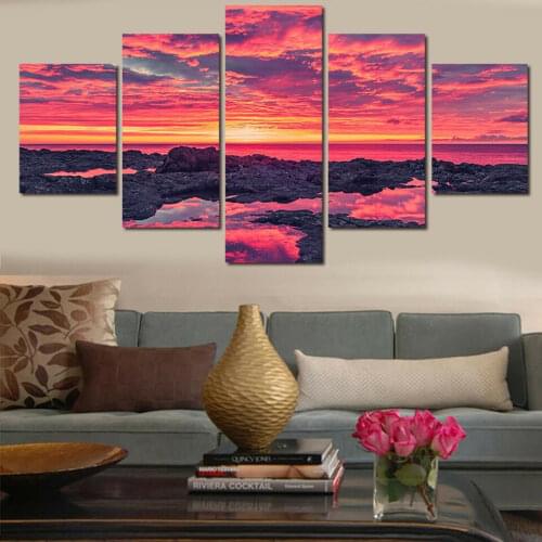 No Framed Sea Rocks Red Sky Sunset 5 Pcs Canvas Picture Print Wall Art Canvas Painting Wall Decor for Living Room