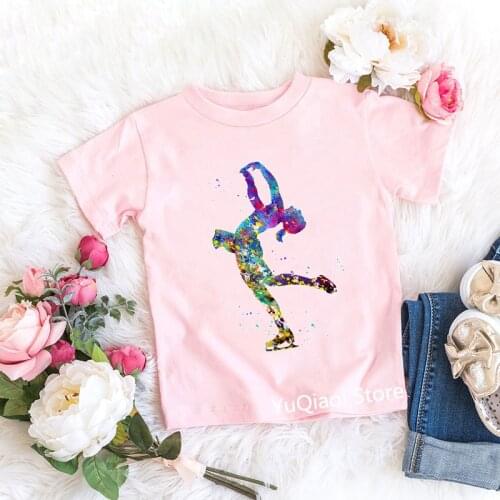 Watercolor Figure Skating Art Print Tee Shirt Baby Girl T-Shirt Pink Summer Top Kids Sports Lover Children Custom Class Clothes