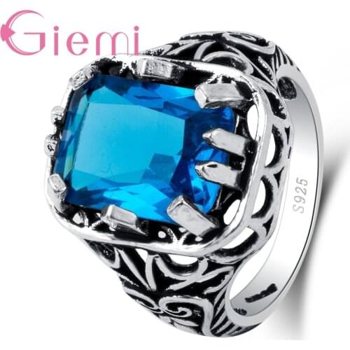 Big Square Chic Jewelry Classic Reto Rings for Women Paved Ocean Blue Zircon Stone Top Rated 925 Sterling Silver Anillos