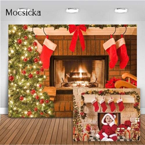 Photography Christmas Fireplace Backdrop Fire X-mas Tree Red Sock Background for Photo Studio Newborn Kids Portrait Banner Props