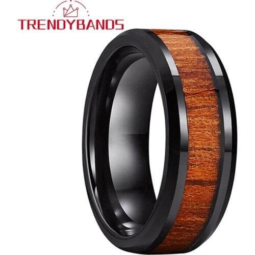 8MM Koa Wood Inlay Tungsten Carbide Rings Wedding Bands For Men Women Polished Shiny Beveled Edges Comfort Fit