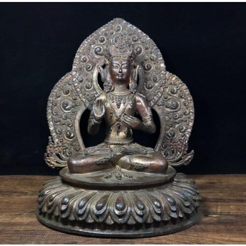 10"Chinese temple collection Old Bronze Cinnabar Lacquer Bright Buddha Guanyin Bodhisattva Sitting Buddha Back light Ornaments