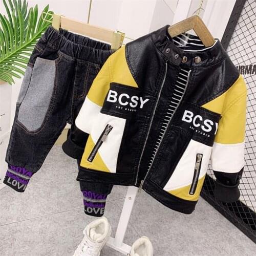Fashion Boys Clothing Set 2-6Y Spring Autumn Kids Clothes Set Children PU Leather Coat+T-shirt+Pants 3PCS/Sets Boys Sports Suit
