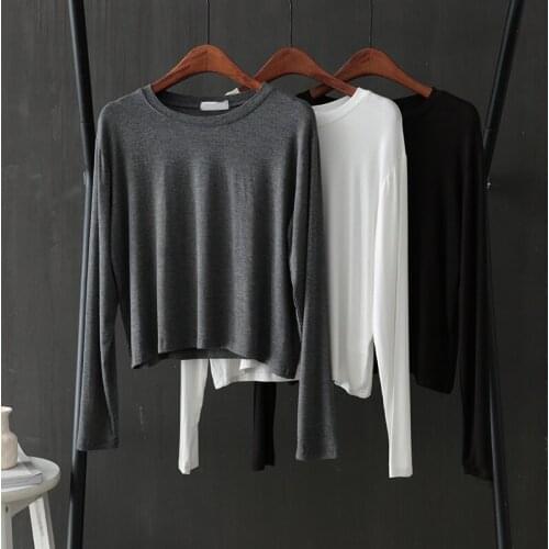 Modal Long-sleeved Women T-shirts 2021 Summer New Solid O-neck Short High Waist Casual Female Pulls Tops Tees