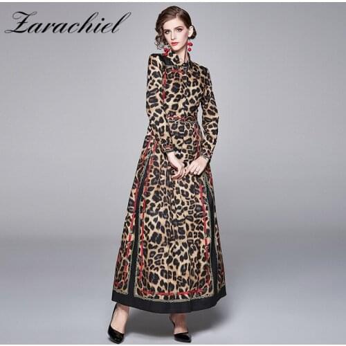 Fashion Designer Runway Chain Leopard Print Long Dress Womens Turn Down Collar Long Sleeve Vintage High Waist Party Maxi Dress