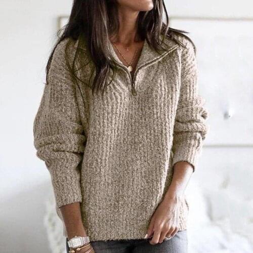 Fashion Women Autumn Solid Color Long Sleeve Zip Loose Knitted Plus Size Sweater