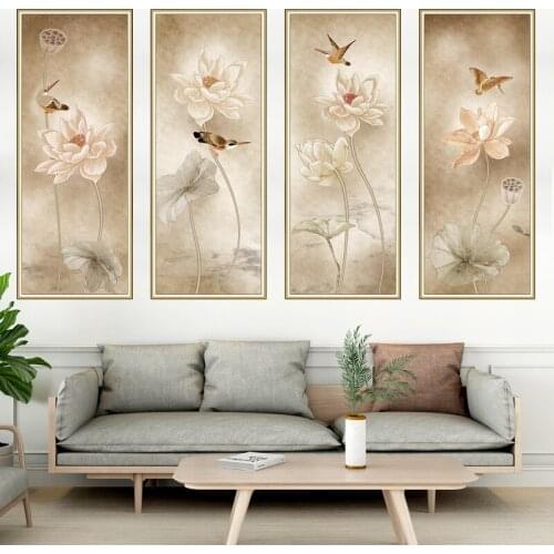 Lotus Wall Stickers Chinese Style Elegant Vintage Poster Flowers Teenager Living Room Sofa TV Backdrop Wall Decoration Aesthetic