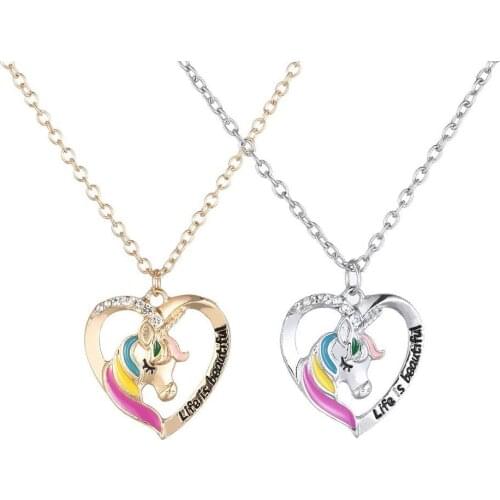 Free Shipping New Arrival Unicorn Necklace Jewelry Rainbow Horse Alloy Rhinestone Pendant Necklace