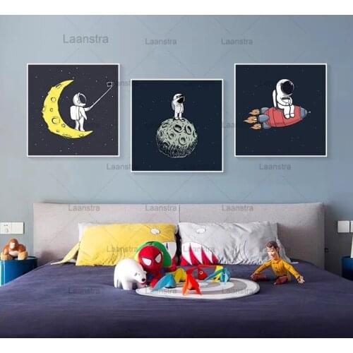 Posters&prints for Boy Bedroom Decor Cartoon Rocket Astronauts Moon Nursery Wall Picture Canvas Painting for Kids Room Decor
