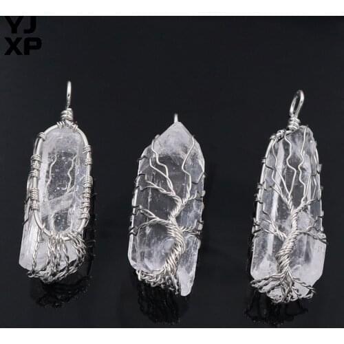 YJXP White Quartzs Pillar Pendants Tree of Life Wire Wrapped Irregular Shape Natural Rock Crystal Fashion Charms Jewelry 1 Pcs