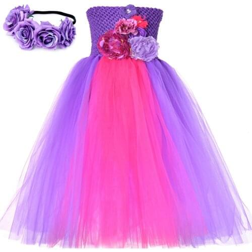 Girl Flower Fairy Tutu Dress Costume Purple Tulle Princess Dress Ball Gown Wedding Birthday Party Kids Dresses for Girls 1-14Y
