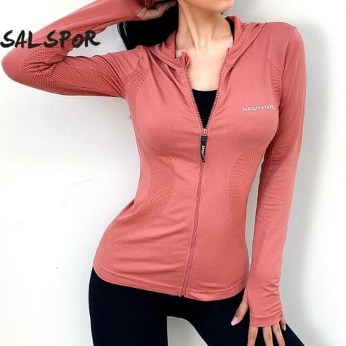 SALSPOR Seamless Running Spotrs Jacket Top Women Hoodie Sports Yoga Shirts Zipper Fitness Tops Long Sleeves Sportswear Stretch